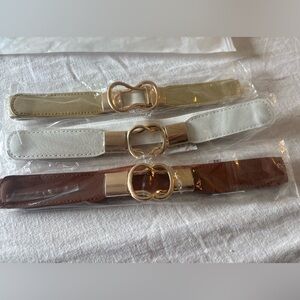 Women’s Elastic Belt with Gold Interlock Buckle - White, Cream, Brown Small
